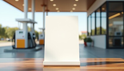 Aufkleber - Blank white sheet on stand atop table at modern gas station