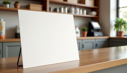 Aufkleber - Photorealistic mockup of a blank white sheet without text on a stand at a dry cleaning reception desk with a warm and welcoming atmosphere, slightly blurred background with laundry tickets, detergent 