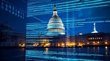 US Capitol Building at Night with Digital Code Overlay