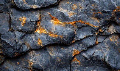Poster - Dark rocky surface with glowing orange veins detailed texture background image