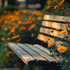 Poster - Golden Hour Glow: Wooden Bench Nestled Among Vibrant Orange Flowers in a Peaceful Garden