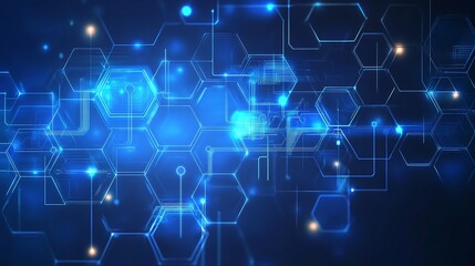 Blue tech background featuring circuit lines and hexagons, vector design for business, technology, or science themes.