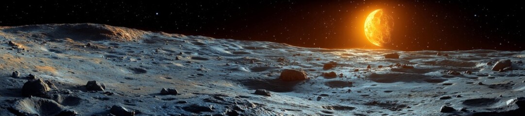 Wall Mural - A stunning view of the lunar surface with a bright cosmic backdrop and distant planet. Generative AI