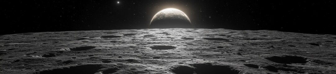 Wall Mural - Lunar Horizon with Spacecraft Gliding Over the Moon's Surface. Generative AI