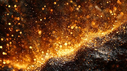 Poster - Abstract golden particles flowing across a dark void, close-up