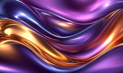 Poster - Fluid metallic waves in shades of purple, gold, and blue create a captivating abstract
