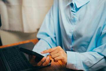 Poster - Focused individual utilizing smartphone, typing and working at desk, productivity themes, Business concept.