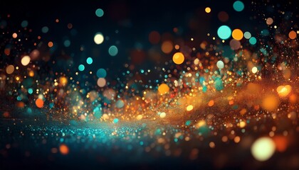 Flying particles on black background, bokeh texture, blurred festive lights, glittering confetti burst out, shiny speckles, orange green blue white colors