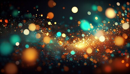 Flying particles on black background, bokeh texture, blurred festive lights, glittering confetti burst out, shiny speckles, orange green blue white colors