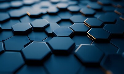 Poster - Abstract dark blue hexagonal pattern background with golden highlights creating depth