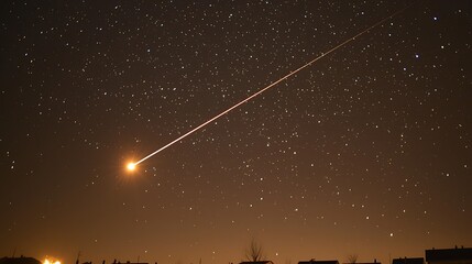 Aufkleber - Bright comet streaks across the night sky with stars above, over a silhouette of buildings