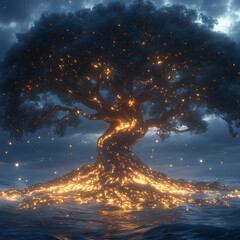 A massive, ancient tree with glowing roots and branches