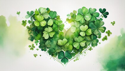 Wall Mural - green clover leaves heart in watercolor style on white paper background