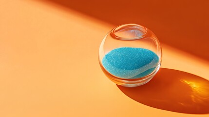Poster - Round Glass Bowl Teal Blue Sand Minimalist Design Modern Abstract Background Simple Elegant Decorative Object Studio Shot Bright Orange Background    