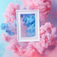 Poster - Abstract Frame: Pink and Blue Cloud Explosion with a White Frame, Dreamy and Surreal Scene