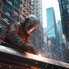 Poster - Construction Worker Grinding Metal with Sparks Flying in Urban Cityscape - Building the Future