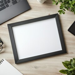Poster - Modern Workspace Mockup: Black Frame on Wooden Desk with Laptop, Tablet, Notepad, Coffee Cup, and Plant Decor