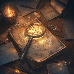 Poster - Unraveling the Past: A Magnifying Glass Illuminates Ancient Maps by Candlelight on a Rustic Wooden Table, Revealing Hidden Secrets
