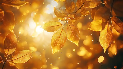 Poster - Close-up of autumn leaves illuminated by sunlight against a blurred, bokeh background