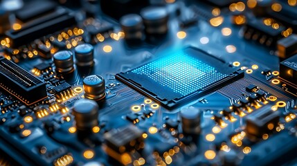 Poster - Close-up of illuminated CPU on motherboard with circuitry and blurred background