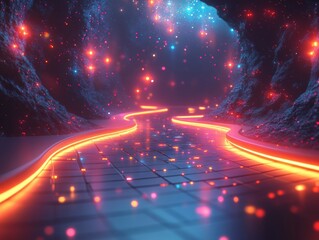 Poster - A bright and colorful pathway through a darkened space with neon lighting