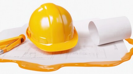 Poster - 3D rendered of a yellow construction helmet blueprints and various construction tools and equipment laid out on a white background symbolizing the building engineering and architecture industries