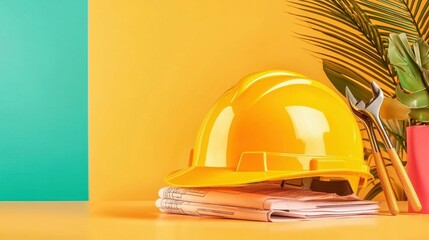 Poster - 3D Rendered Industrial Design Concept featuring a Yellow Hard Hat Safety Gear and Various Construction Tools on a Vibrant Colored Background