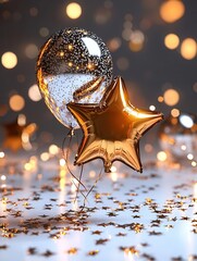 Poster - A cluster of shimmering metallic star shaped balloons drifting gracefully through a glittering festive background creating a captivating and enchanting atmosphere perfect for celebratory events