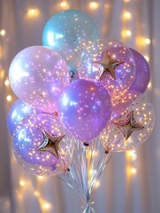 Poster - A cluster of shimmering iridescent star shaped balloons cascade together in a captivating and radiant display creating a dreamlike magical atmosphere perfect for festive events