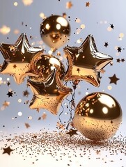 Poster - A collection of glossy metallic star shaped balloons creating a festive and luxurious The balloons have a shiny reflective surface that adds a touch of glamour and elegance to the scene