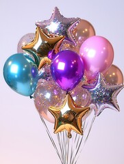 Poster - Colorful and Iridescent Metallic Star Shaped Balloons Floating in a Festive Arrangement Creating a Whimsical and Ethereal Atmosphere for Product Displays
