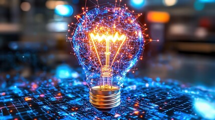 Poster - intricate algorithmic maze with luminous light bulb futuristic digital of a complex glowing and inte
