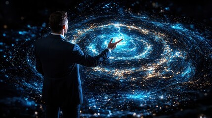 Poster - a corporate leader in a tailored suit standing confidently facing the cosmic explosion of possibilit