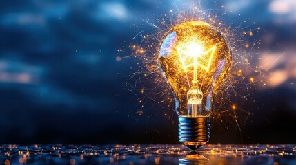 Poster - Vibrant glowing light bulb shining brightly through an abstract deep blue maze like structure symbolizing innovation creativity and the endless potential for breakthrough ideas and solutions