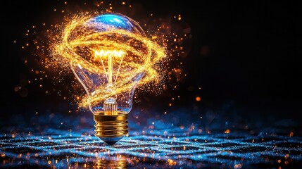 Poster - A deep blue abstract maze of flowing energy and electricity surrounds a vibrant glowing light bulb that shines brightly representing innovation technology and the power of ideas