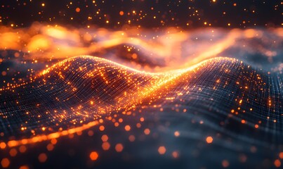 Poster - Abstract Glowing Waves with Orange Particles creating a futuristic dynamic