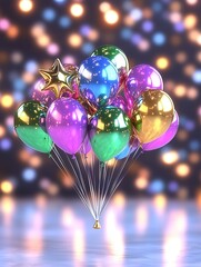 Poster - A dynamic and mesmerizing cluster of brightly colored star shaped balloons floating in a digital rendering  The balloons emit a captivating glow creating a sense of magic and wonder