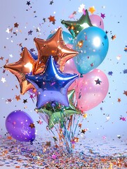 Poster - A festive display of reflective metallic star shaped balloons in a vibrant and colorful arrangement with confetti and a sparkling backdrop