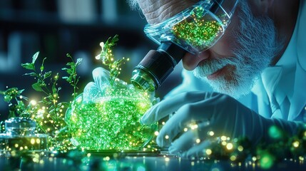 Poster - a futuristic biofuel research laboratory with a scientist conducting an experiment involving glowing