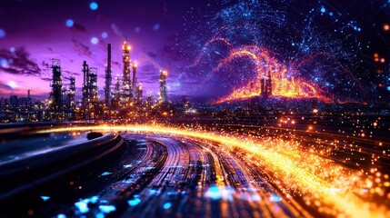 Poster - Futuristic fuel storage facility illuminated by a dazzling display of vibrant colorful lights in the night sky creating a captivating and modernistic industrial landscape