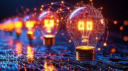 Poster - futuristic maze like design composed of interconnected glowing light bulbs representing the complexi