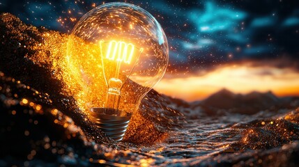 Poster - glowing lightbulb illuminating a futuristic cosmic landscape with sharp geometric patterns and a sta