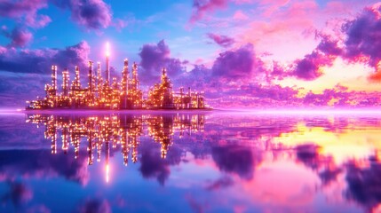 Poster - futuristic oil refinery complex with towering structures and intricate architecture reflected in the