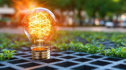 Poster - Glowing light bulb shining brightly amidst a vibrant natural background of lush greenery symbolizing the spark of innovation bright ideas and the potential for discovery and enlightenment