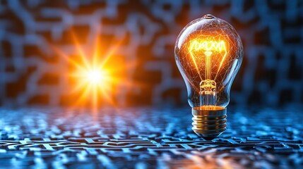 Poster - A glowing light bulb illuminated against a complex geometric digital matrix background symbolizing innovation creativity and the power of new ideas to drive progress and transformation