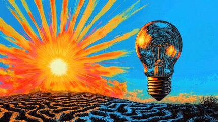 Poster - Radiant sunrise over a conceptual landscape with a glowing lightbulb idea illuminating the scene and symbolizing innovation creativity and the discovery of new possibilities