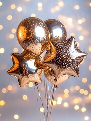 Poster - A group of shimmering metallic star shaped balloons suspended against a bright bokeh filled background creating a captivating and celebratory atmosphere for a special event or party
