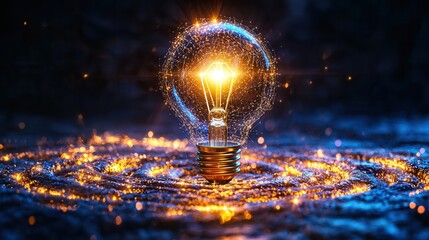 Poster - A complex futuristic labyrinth design with a bright luminous central light bulb that emits a powerful glowing radiance symbolizing ideas innovation and the potential for discovery and creativity