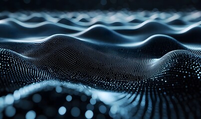 Poster - Abstract digital landscape with blue dotted waves in a dark background