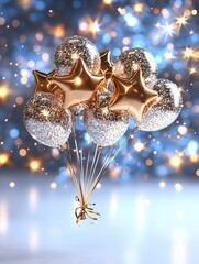 Poster - Elegant metallic 3D star shaped balloons floating amidst a shimmering  glittery holiday background  The golden balloons create a festive  premium  and luxurious atmosphere perfect for Christmas